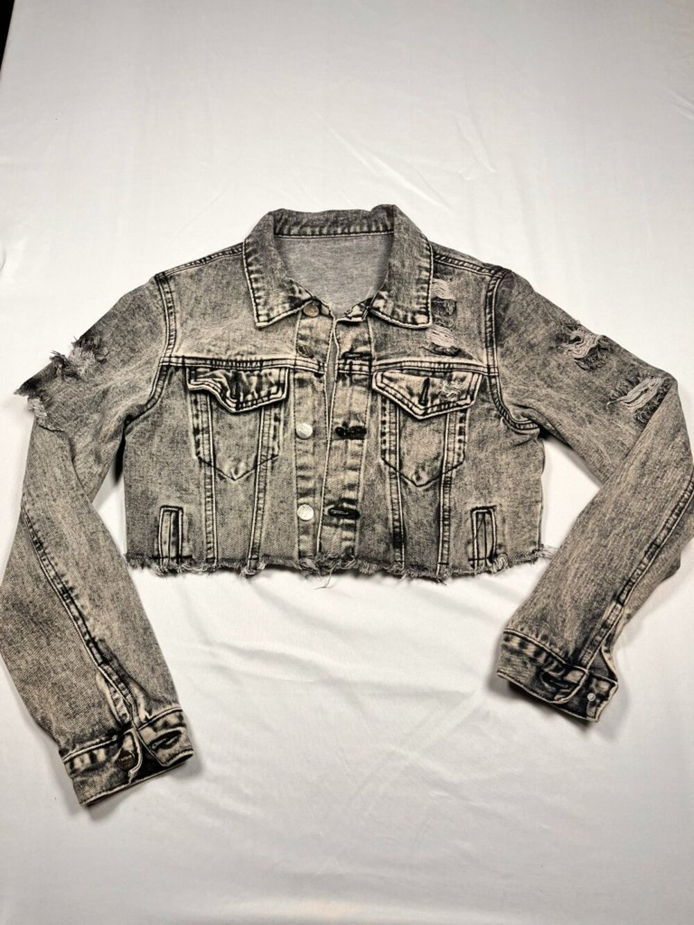SHEIN Acid Wash Distressed Cropped Denim Jacket S Grey Ripped Raw Hem Y2K Street